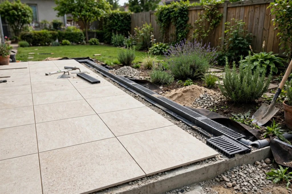 Which Drainage Systems Work Best Beneath Residential Porcelain Patios Installed Over Concrete